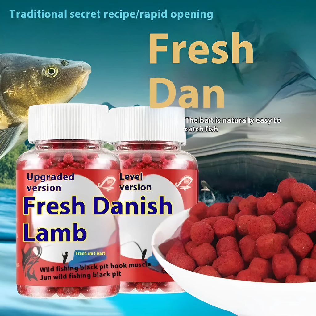 A fresh red plastic bottle containing grass green particle fishing bait for crucian carp.