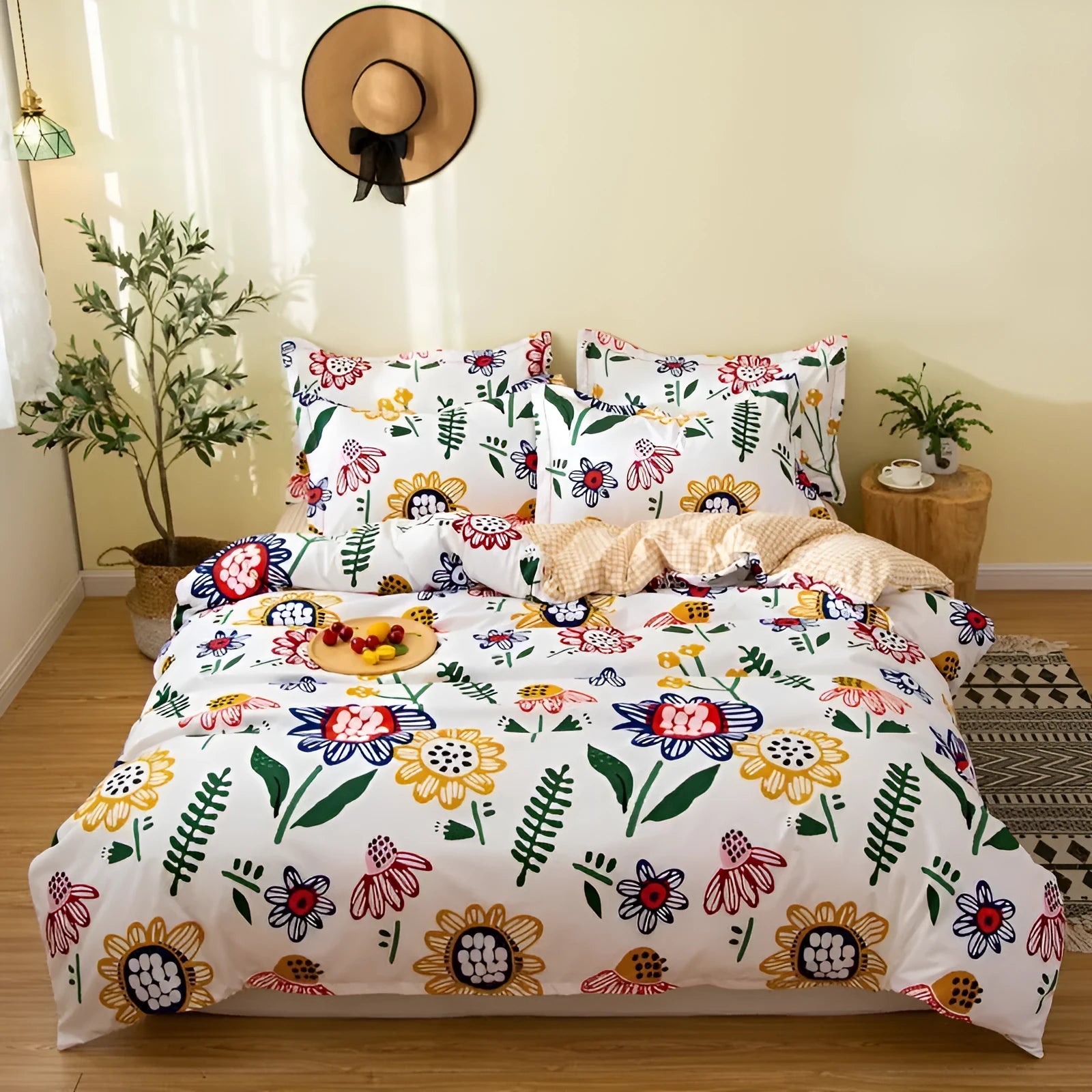 Cotton duvet cover and fitted sheet bedding set in a colour option, shown on a bed