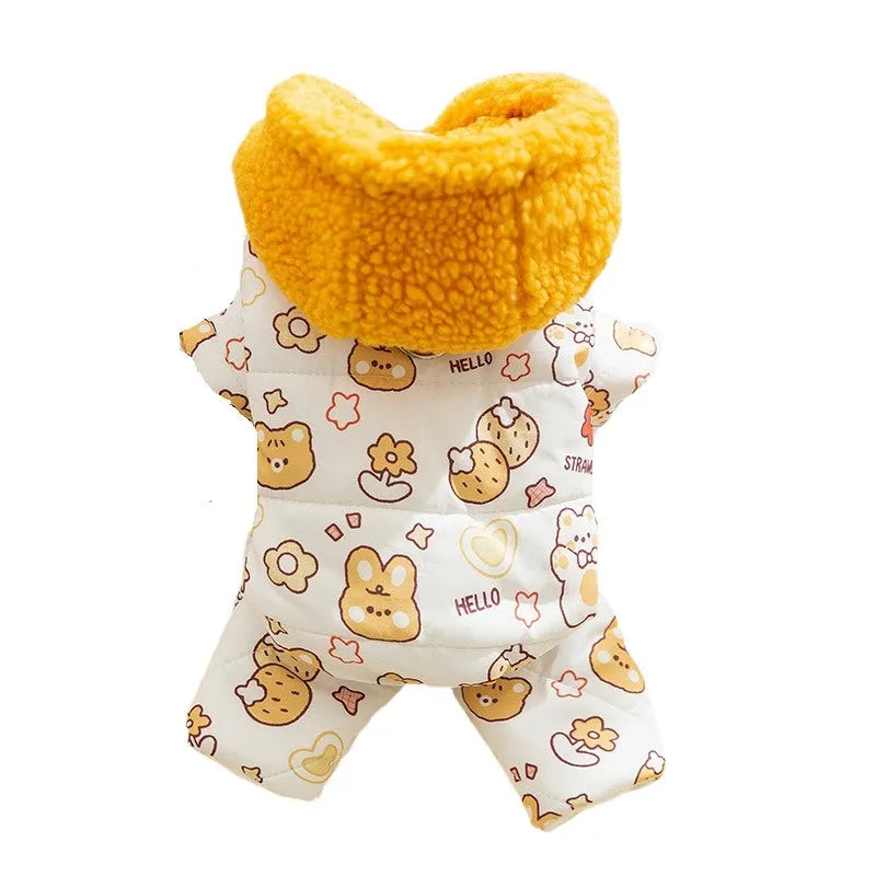 Yellow quilted cotton four-legged dog coat with sherpa hood and bear print on white background
