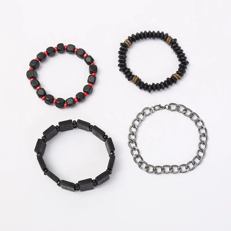 Retro woven alloy men's beaded bracelet set with four different coloured bracelets on a white background