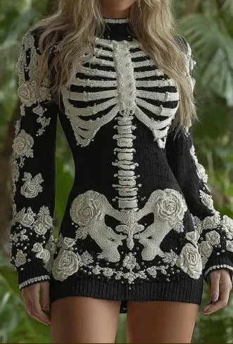 Women's long-sleeve thick polyester sweater dress with skull skeleton print, cinched waist, hip skirt, street style.
