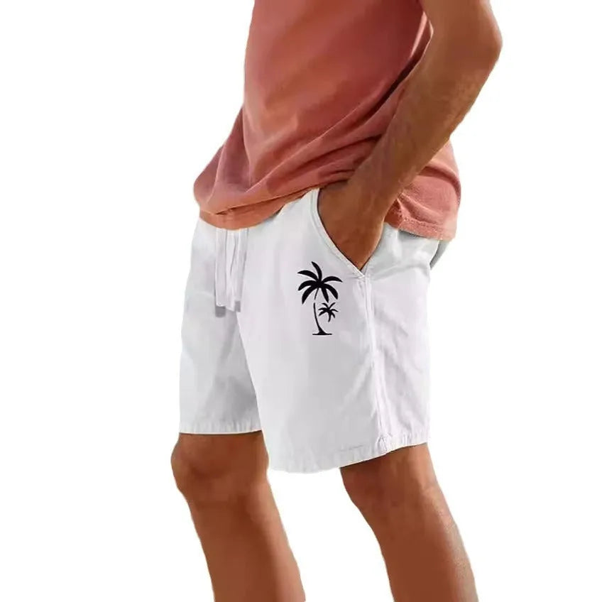 Men's cotton blend drawstring elastic shorts with a heat transfer patch pattern, shown in Army Green colour.