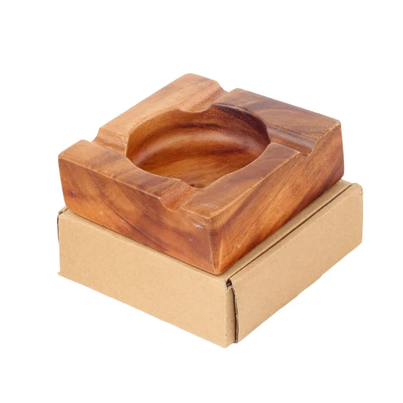 Retro walnut solid wood anti-drop ashtray on wooden table in living room