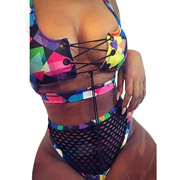 Women's checkered multicolour bikini set with cross-strap fishnet top and high-waist briefs.