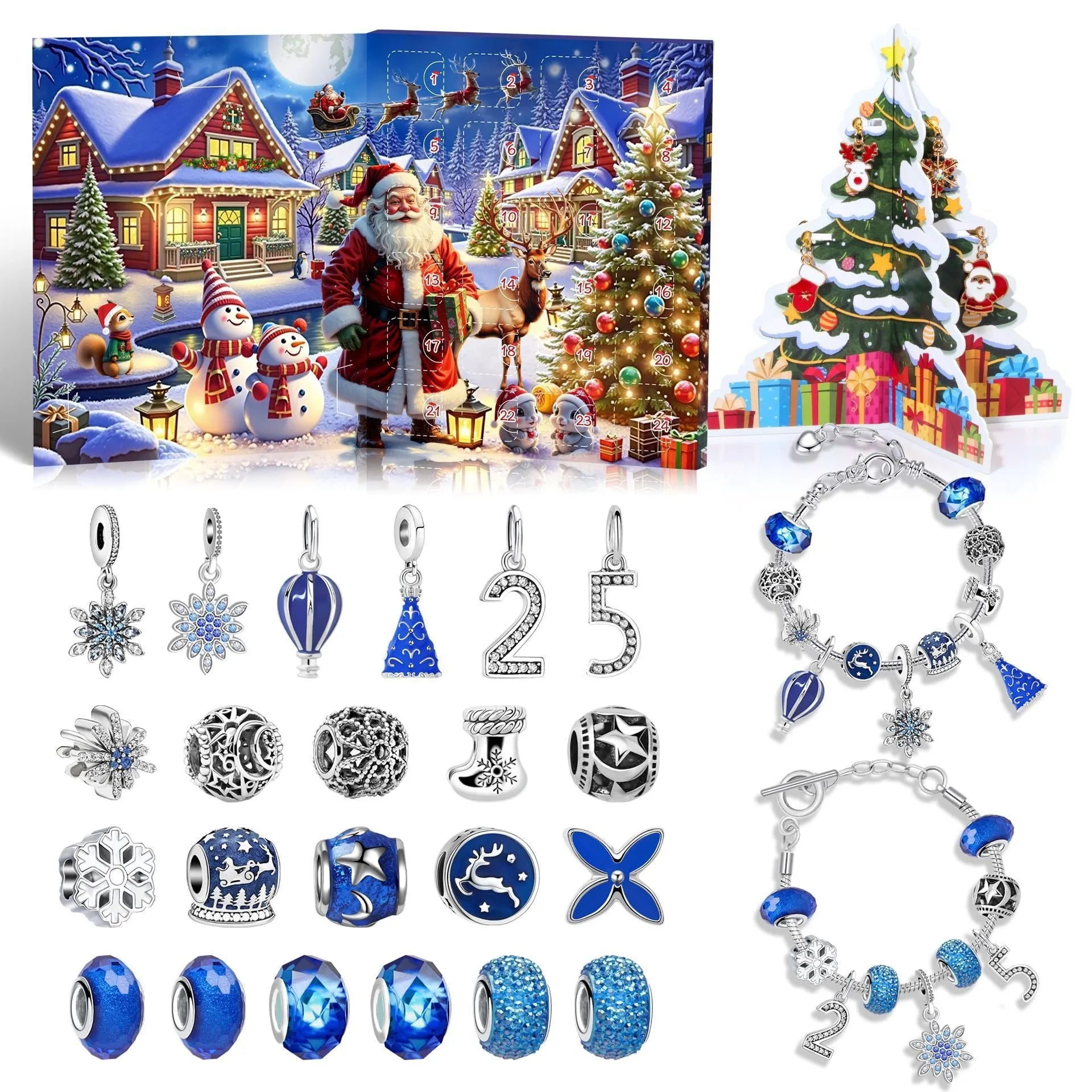 24 grid Christmas advent calendar in blue with flip doors and zinc alloy bracelet blind boxes