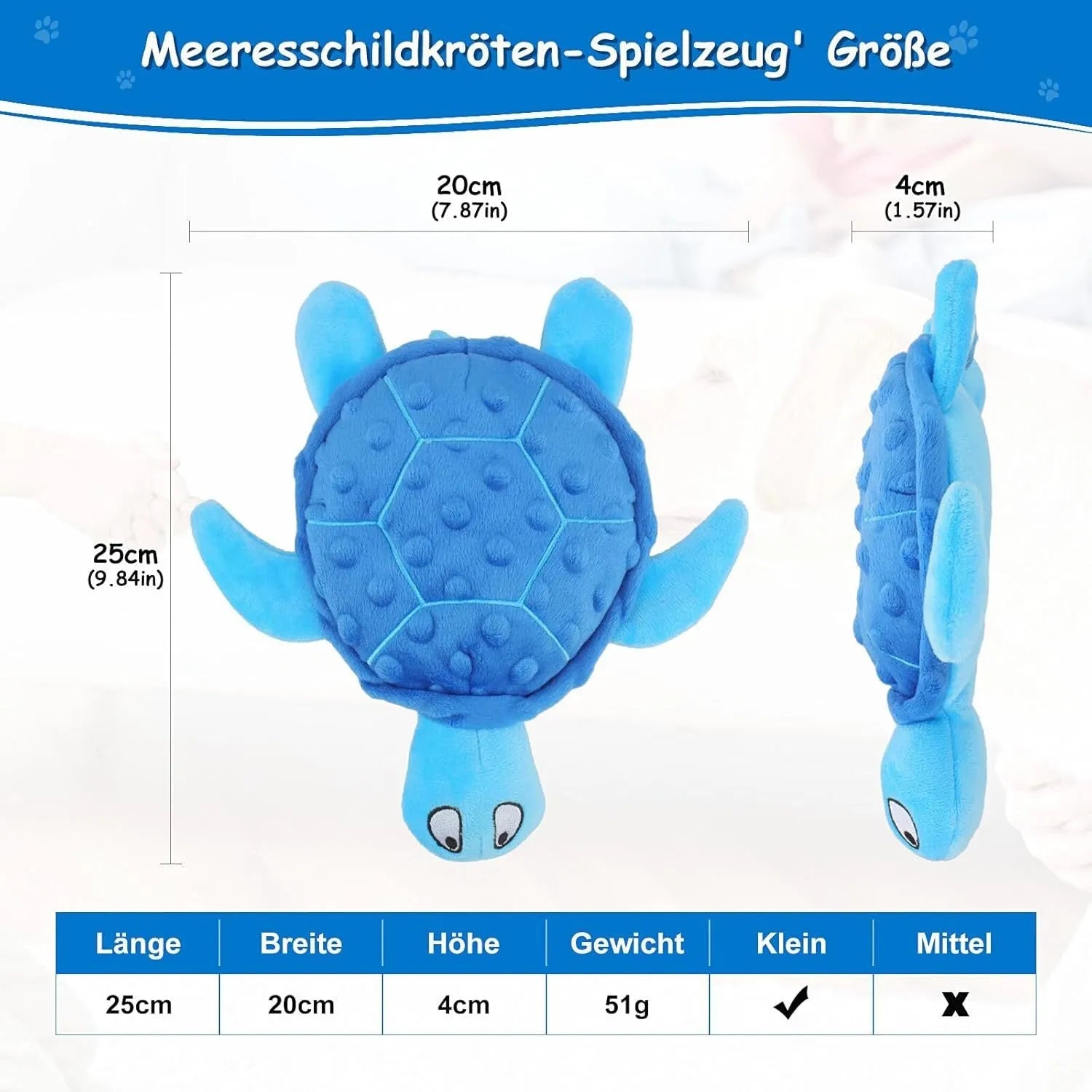 Blue sea turtle plush dog chew toy with squeaker, crinkle and rattling paper sounds.
