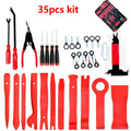 Red car interior door panel repair tool set with 7 nylon fibre disassembly tools on a cloth bag