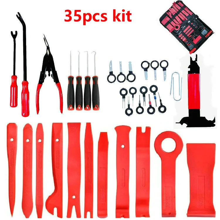 Red car interior door panel repair tool set with 7 nylon fibre disassembly tools on a cloth bag