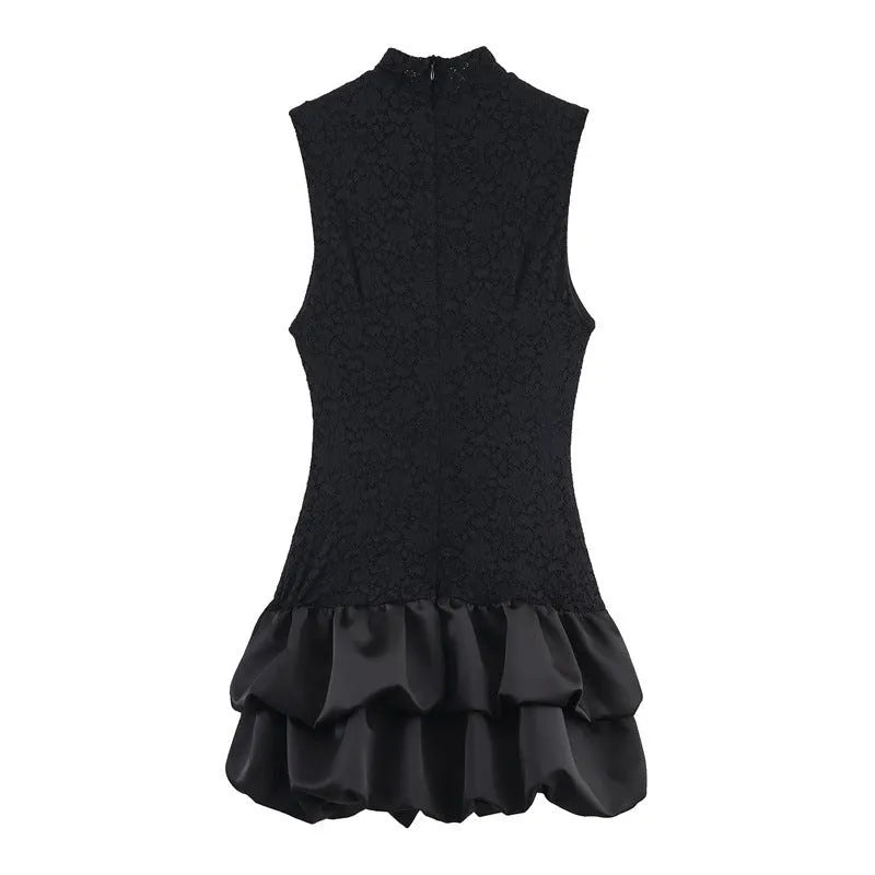 Women's simple stitching lace short dress in black with asymmetric hem and mid waist