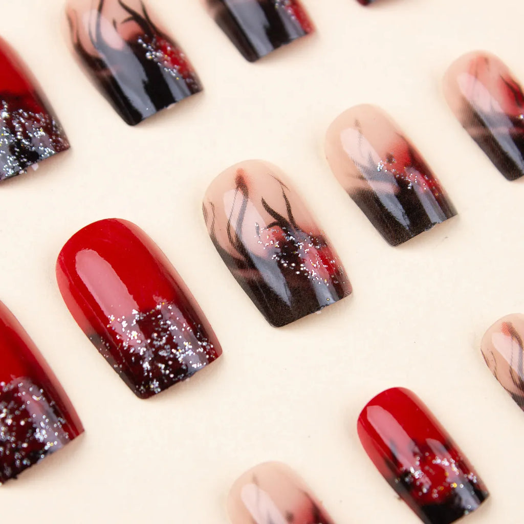 Colorful flame fire pattern fake nail patch set in long European square shape with jelly glue and rubbing strips