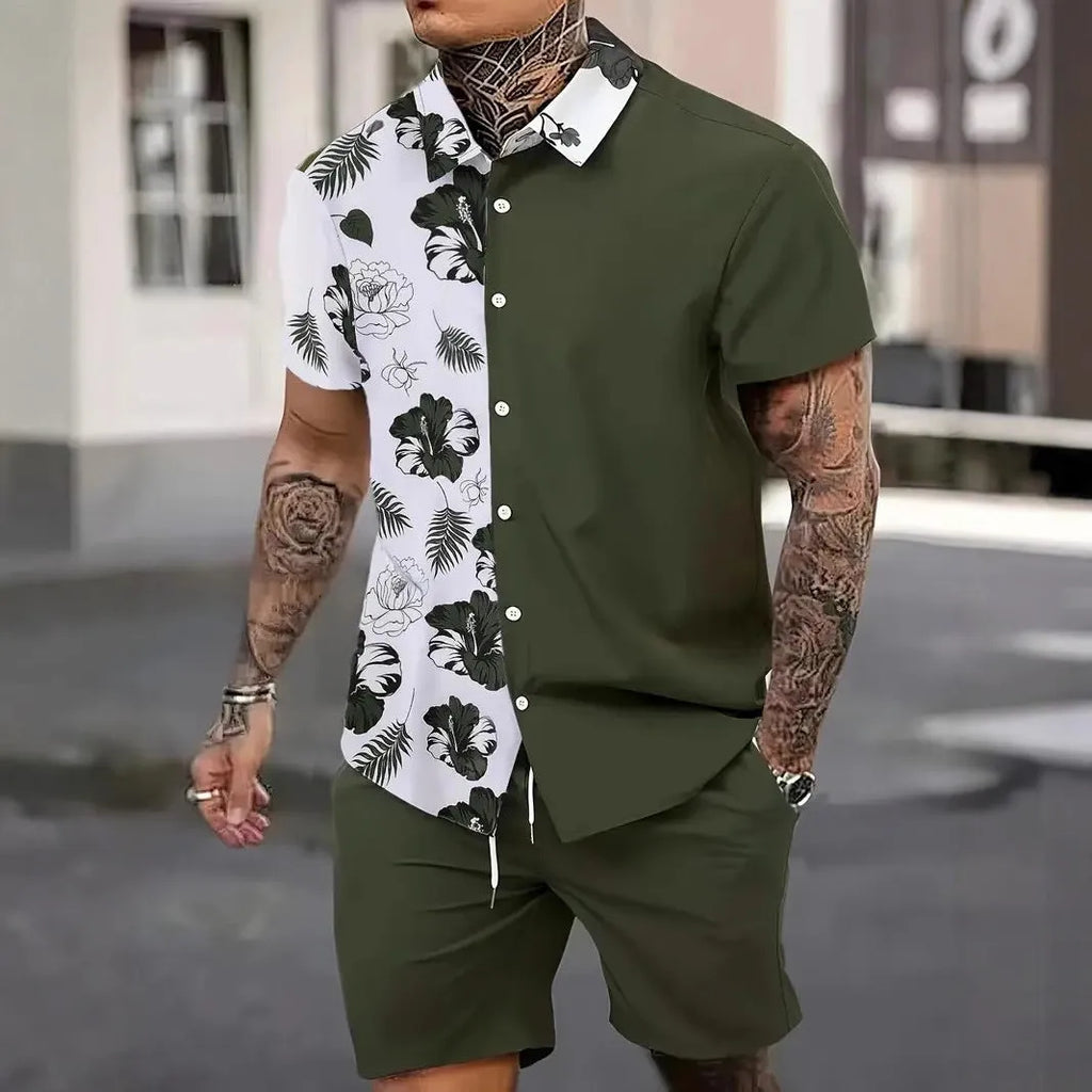 Man wearing a blue Hawaii-themed short sleeve top and matching shorts from a 3D printed leisure suit set.