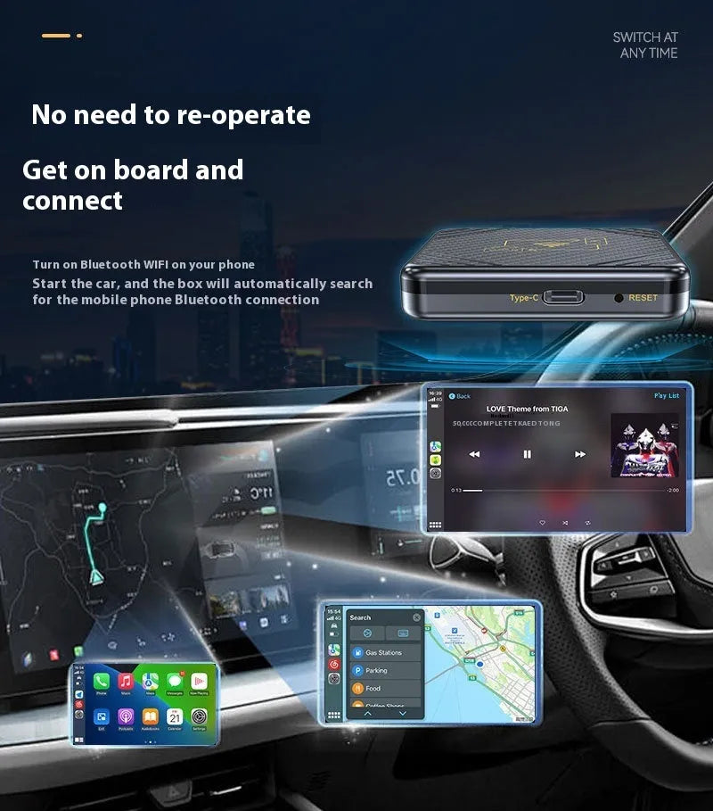 Wireless CarPlay and Android Auto adapter in ABS plastic housing with USB-A connector