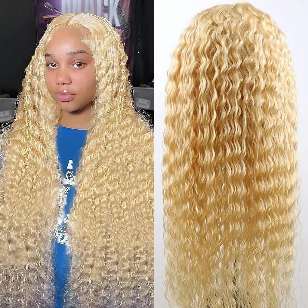 Front lace synthetic wig in gold colour with medium long curly hair on a mannequin head