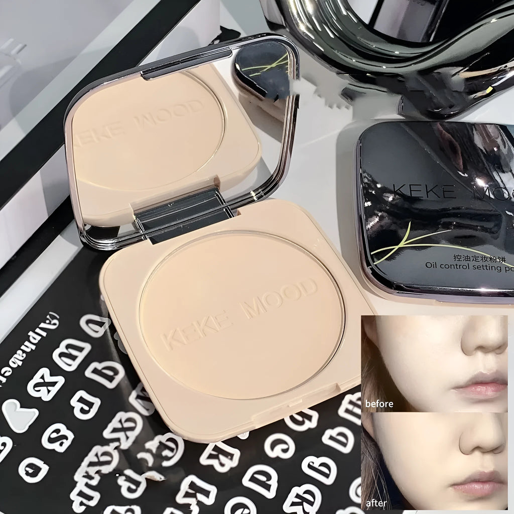 Open compact of oil control pressed powder showing a matte powder surface, with 15g net content and shade options listed.
