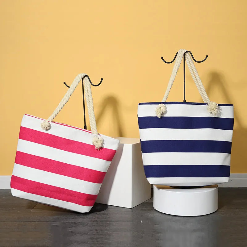 Striped canvas shoulder bag 50x12x35cm with double straps and internal zip pocket in blue brown grey navy red