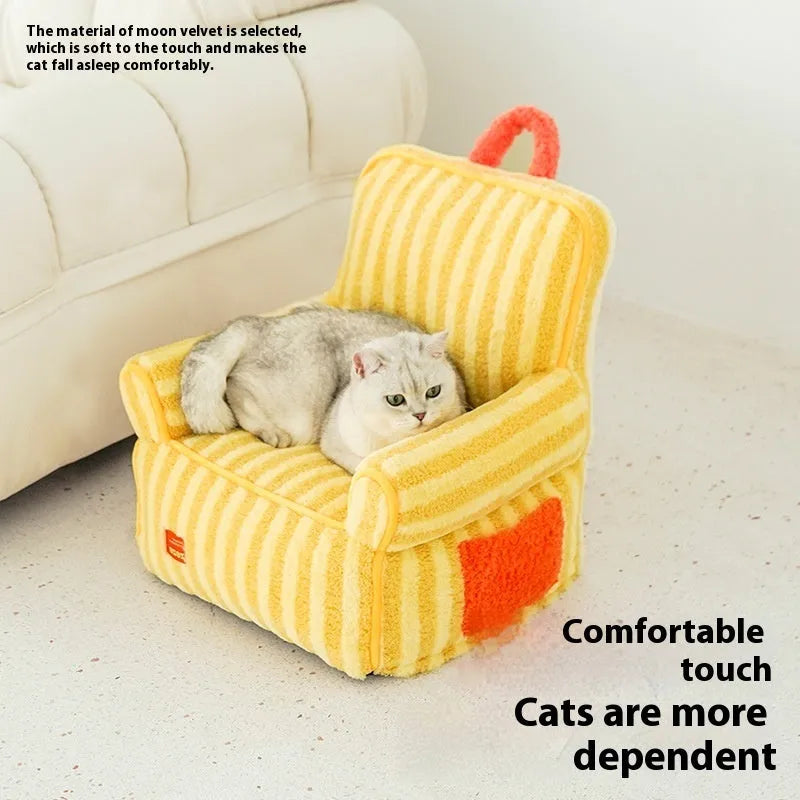 Striped soft velvet pet bed with removable cover in orange, purple, or yellow.