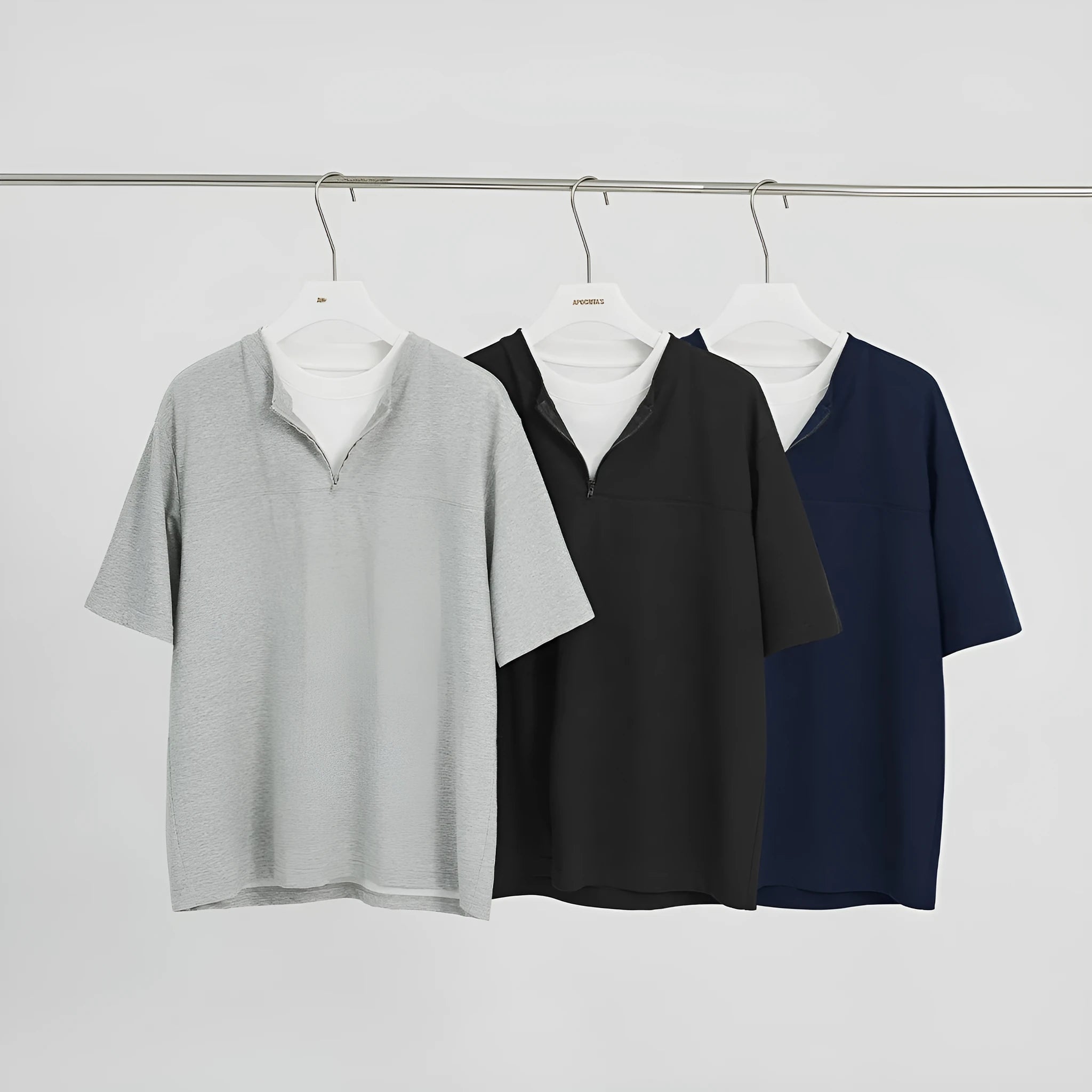 Loose solid colour pullover top with patchwork design and false zip detail in sapphire blue