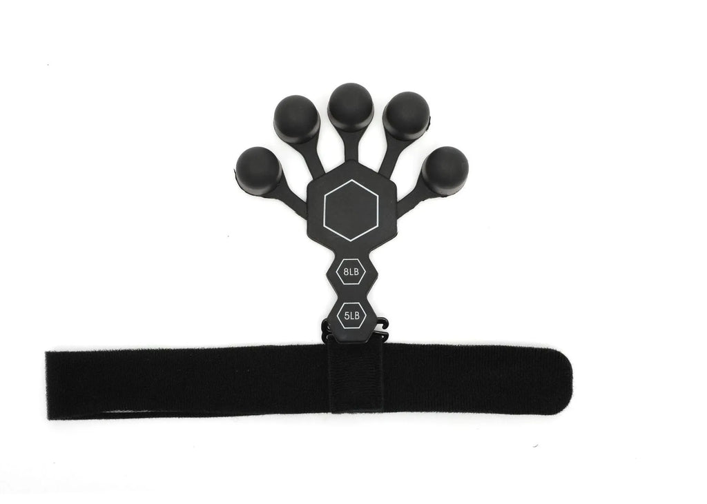 Grey and black silicone 5-finger rehabilitation hand trainer for adult grip strength exercises.