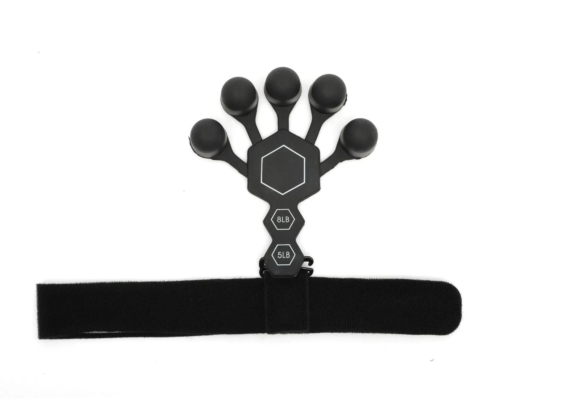 Grey and black silicone 5-finger rehabilitation hand trainer for adult grip strength exercises.