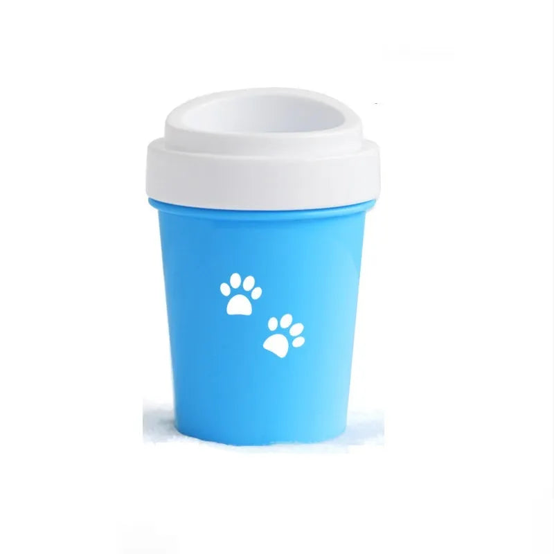 Silicone dog paw cleaner cup with soft bristles, available in blue, green, and pink, sizes M and S