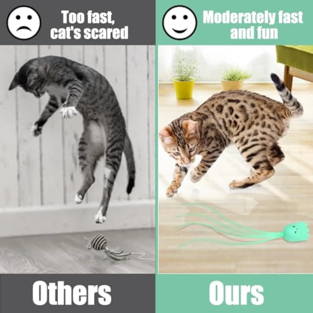 Green automatic cat wand toy with swinging silicone tails for indoor feline play