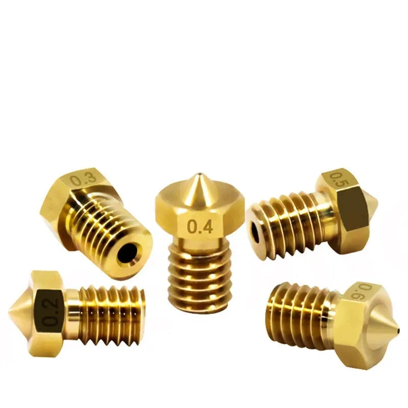 E3D brass 3D printer nozzle with M6 thread showing outlet aperture options