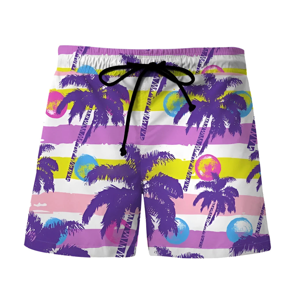 Men's 3D digital print Hawaiian-style beach shorts in polyester, front view