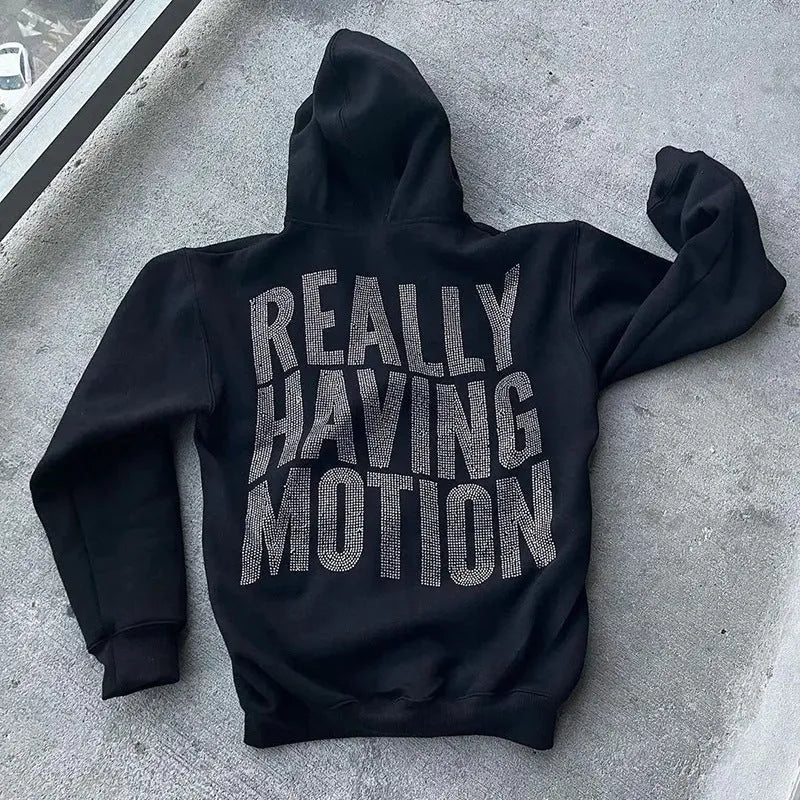 Men's black loose fit hoodie cardigan with letter print and rhinestone detail, zip-up polyester sweater