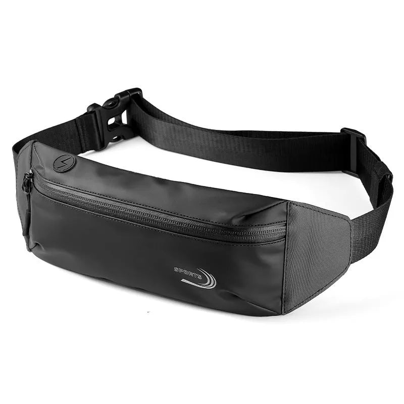 Men's black waterproof polyester waist bag with zip, shown at 45cm wide.