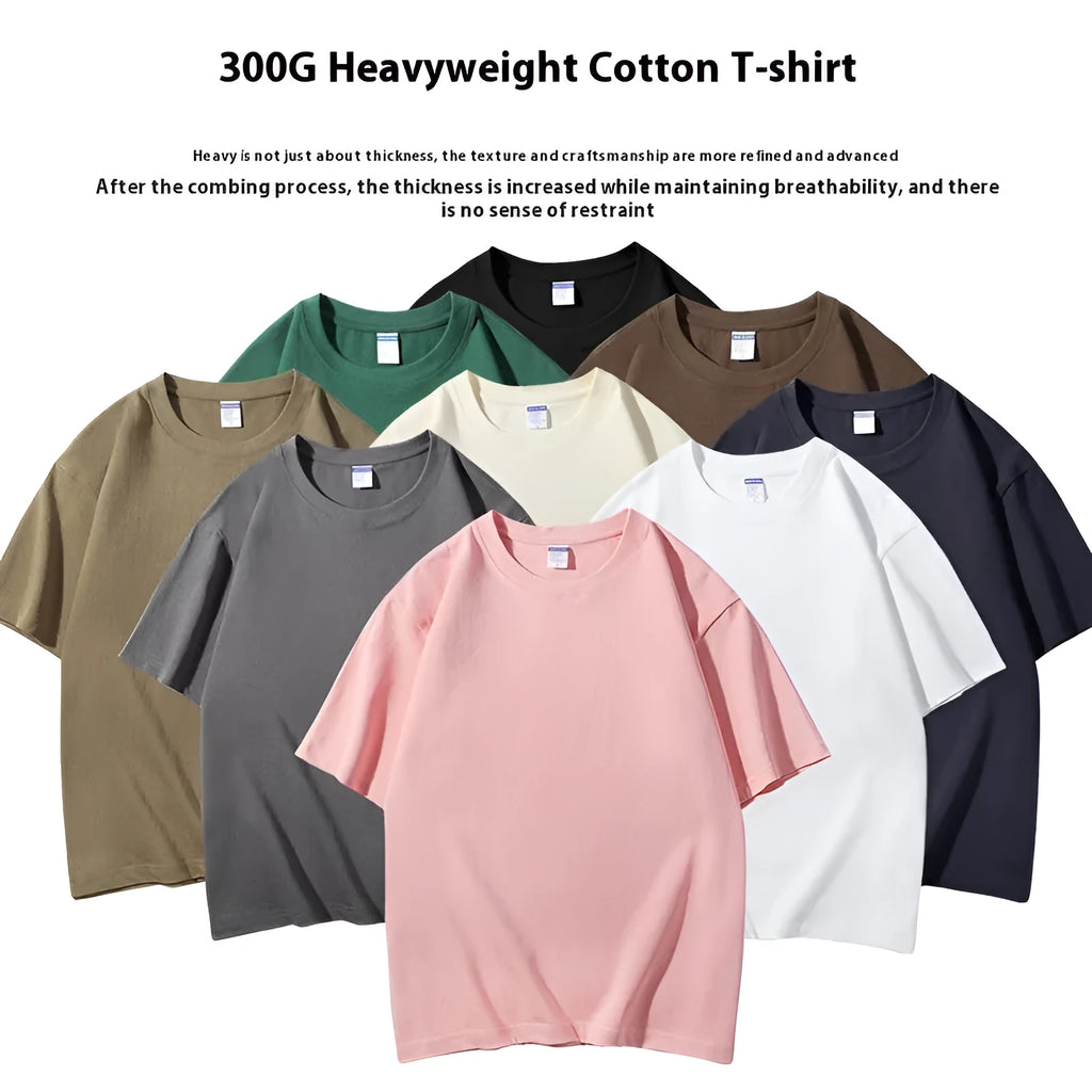 Man wearing a khaki coloured 300g cotton loose fit round neck t-shirt.