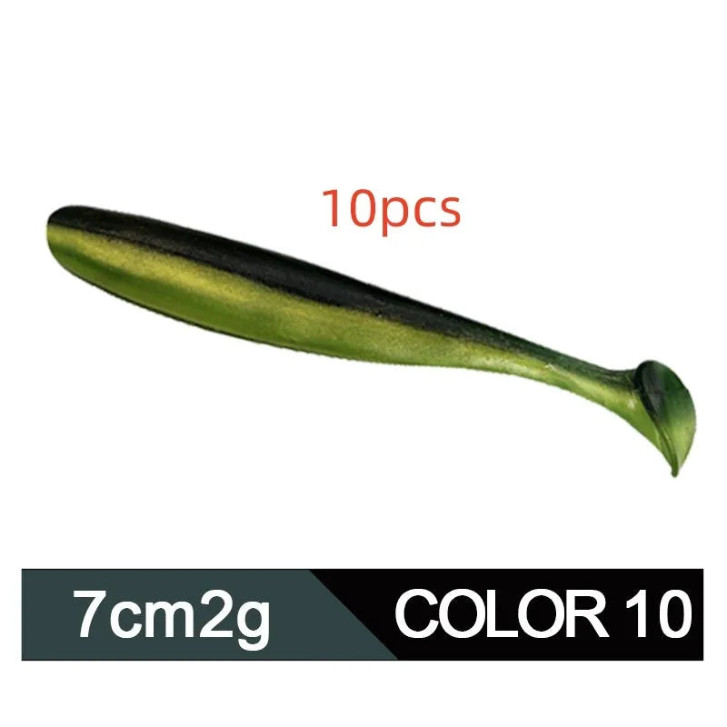Two-tone soft plastic T-tail fishing lure measuring 7cm, shown in multiple colour variations.