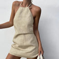 Women's solid colour A-line summer dress made from a cotton and linen blend fabric.