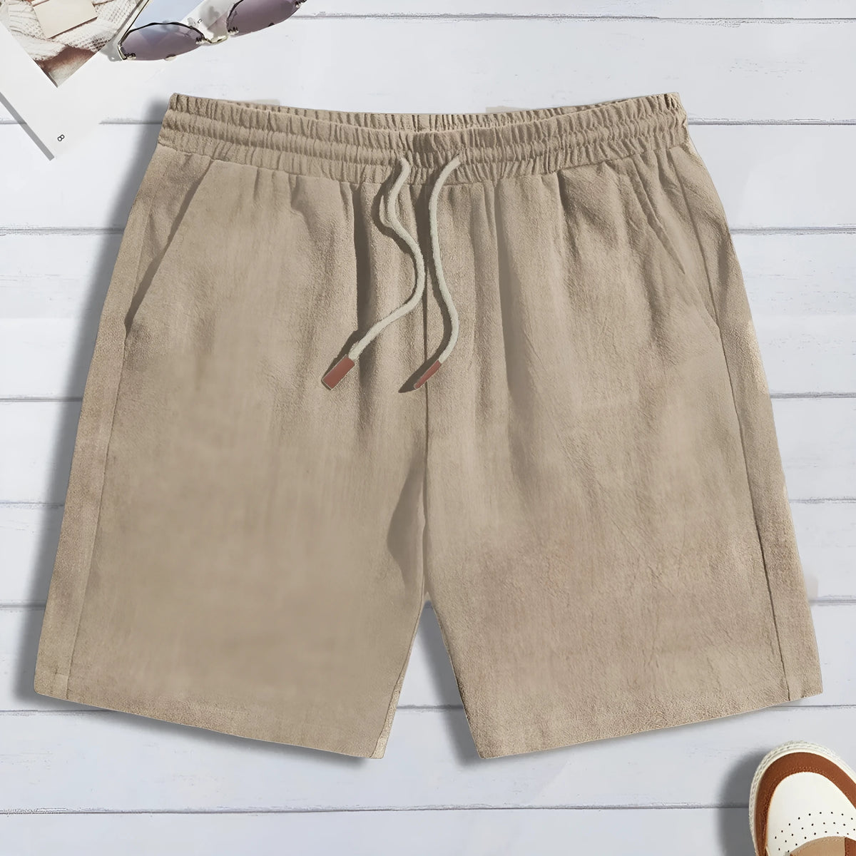 Men's thin linen loose casual shorts, no liner, drawstring waist, black light blue gray khaki navy blue