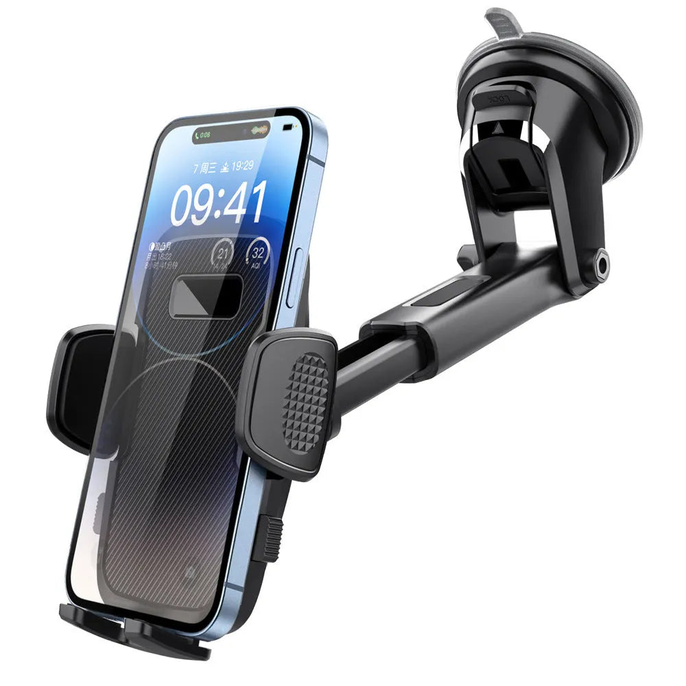 Black plastic car mobile phone bracket with suction fixing and universal support frame for in-car navigation.