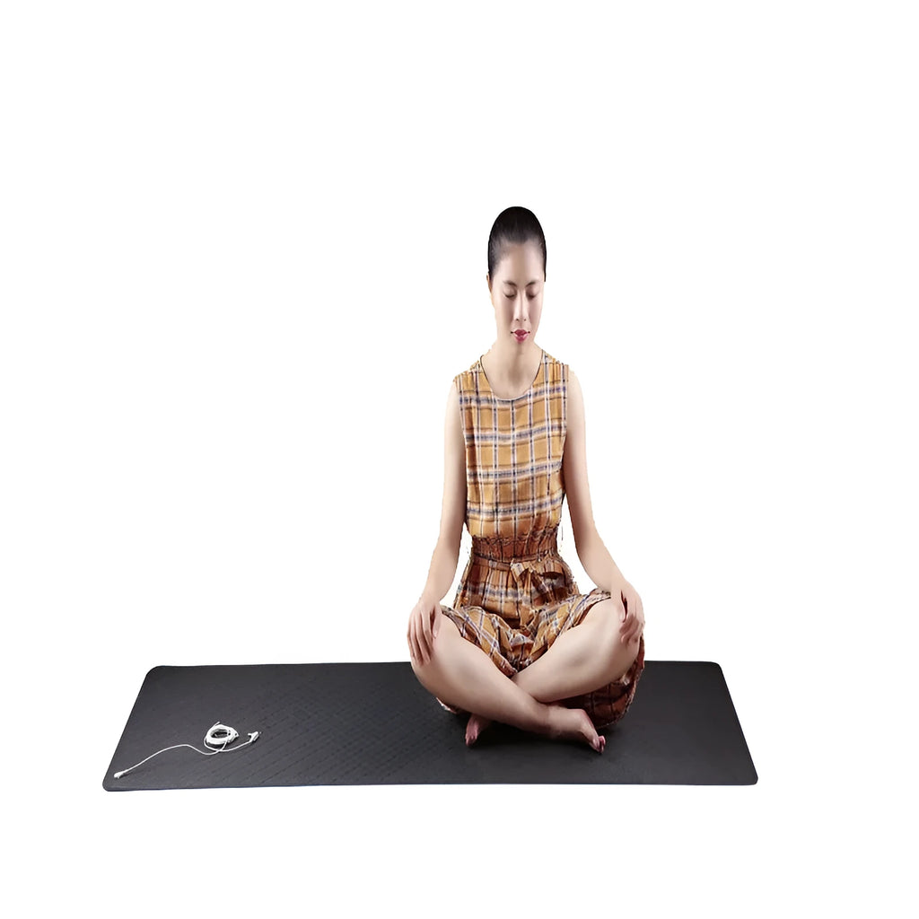 Blue conductive yoga mat with floral pattern, grounding wire, and non-slip surface.