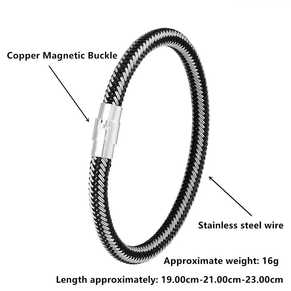 Geometric titanium steel wire bracelet with magnetic clasp on a wrist, showing minimalist unisex design.