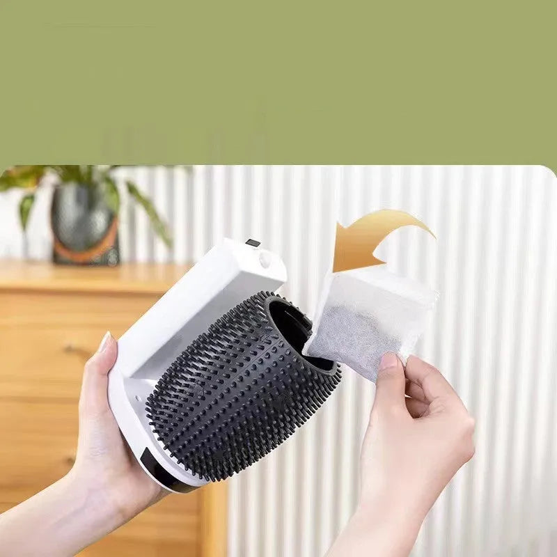 White automatic cat self groomer wall corner brush with silicone bristles and USB cable