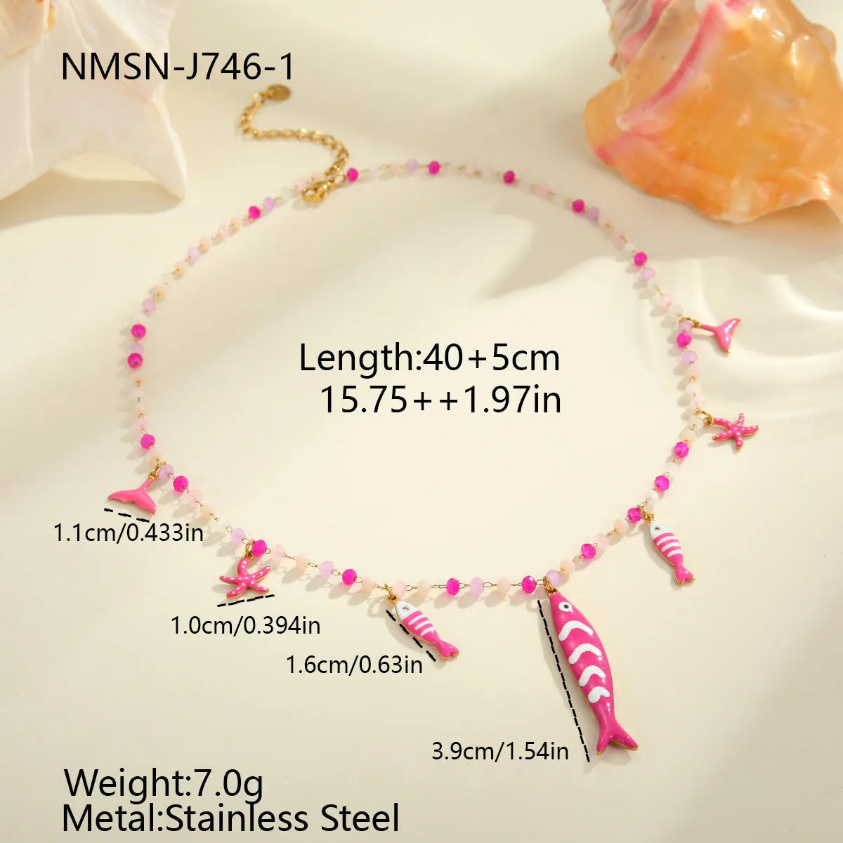 Vacation style beaded oil dripping fish stainless steel necklace with 18K electroplating, pink colour, adjustable chain