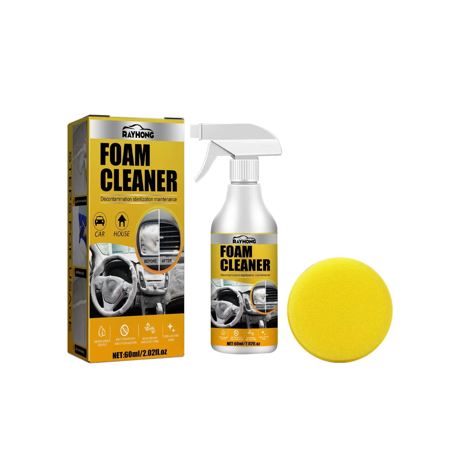 Car interior foamed cleaner 60ml bottle and 10cm sponge for wash-free upholstery cleaning