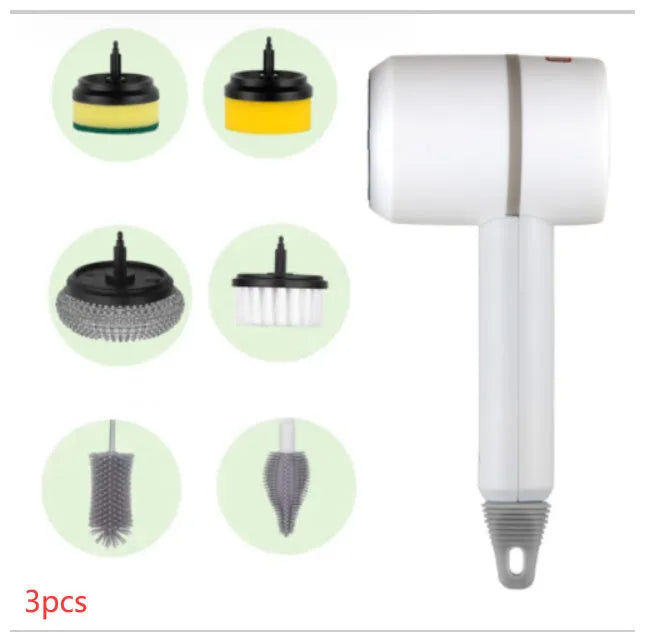 White electric cleaning brush with rotating scrub head and separate scouring pad attachment