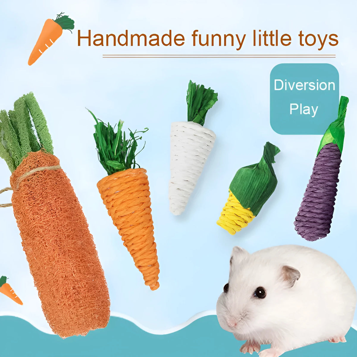 Natural loofah carrot chew toy, 20 cm, for hamsters and rabbits, with woven texture