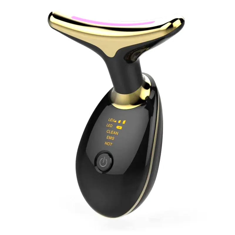 Black and silver EMS thermal neck lifting massager with LED lights for skin tightening and wrinkle reduction.
