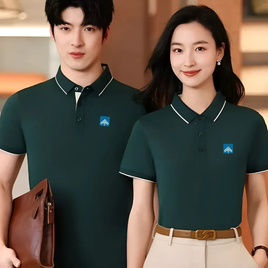 Men's light blue asymmetric ice silk polo shirt for work, showing the unique collar and button detail.