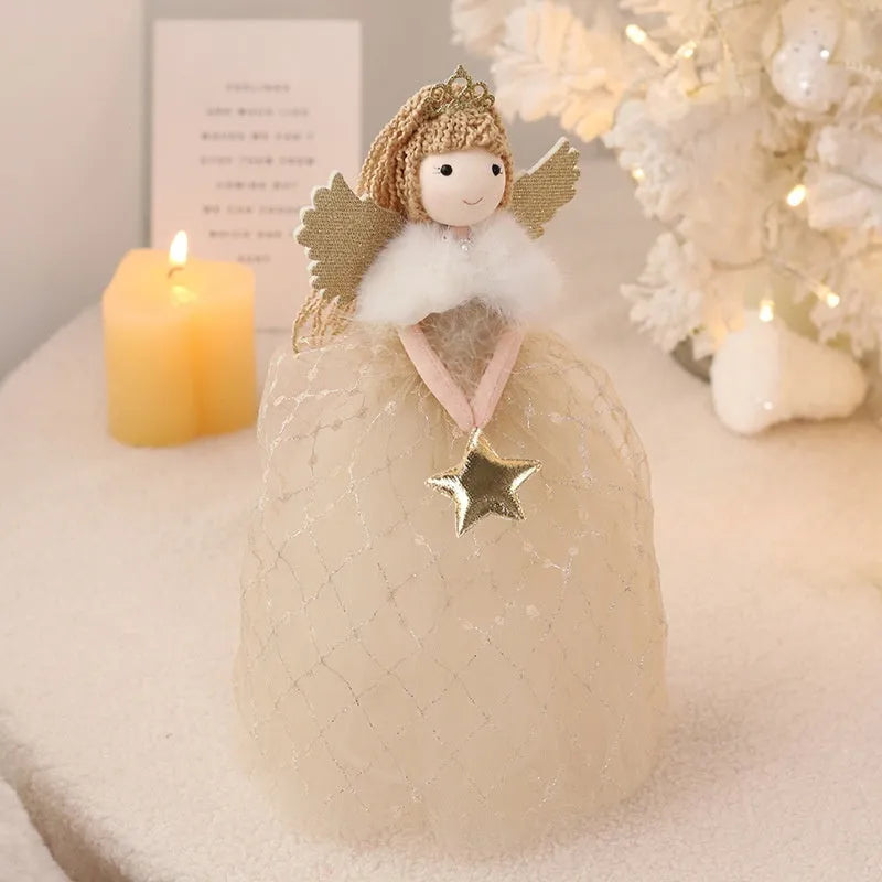 Angel girl doll ornament in non-woven fabric, 26 x 15 cm, shown in gold and light gray for festive hanging display