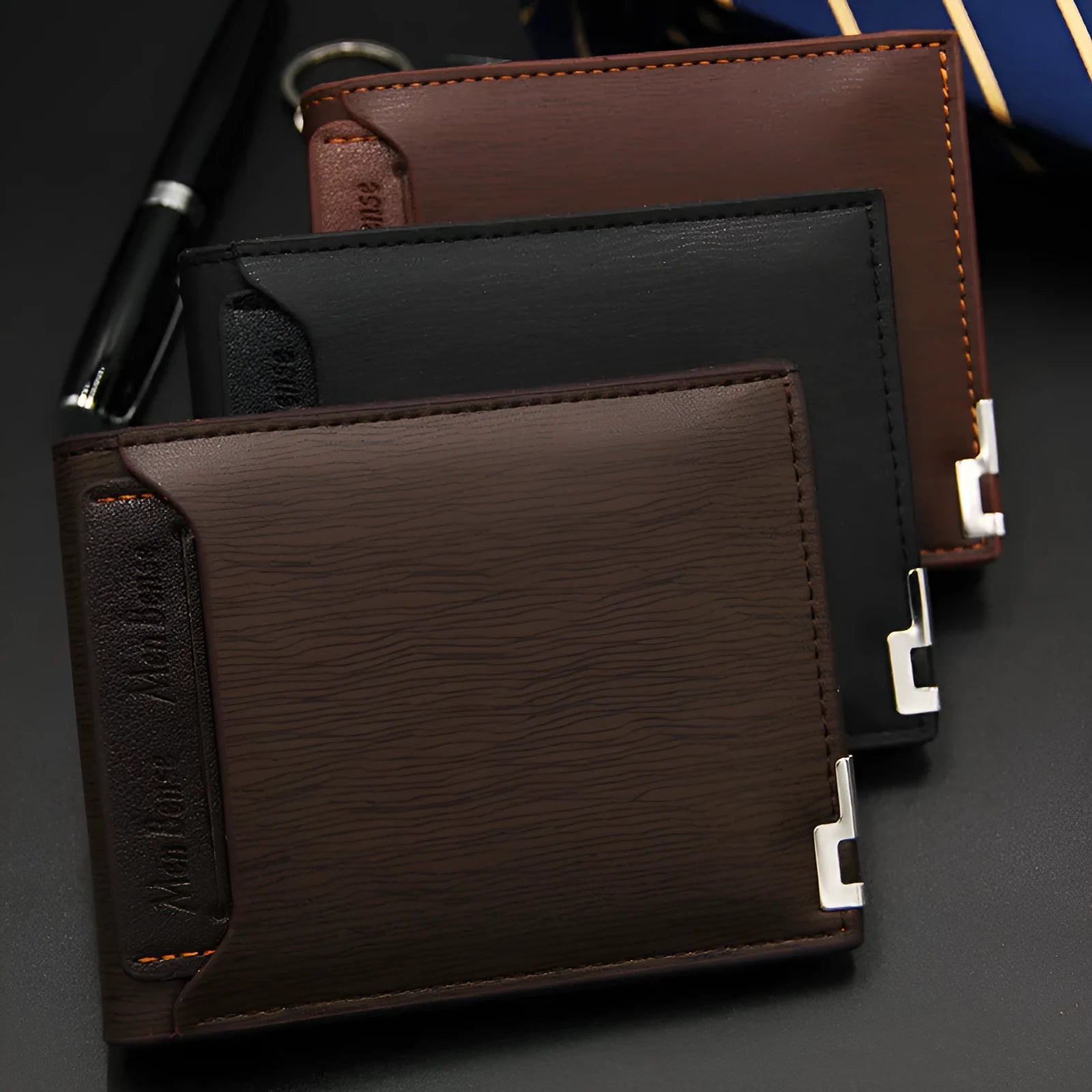 Men's black PU leather short wallet with iron-edge detailing and card-picking feature