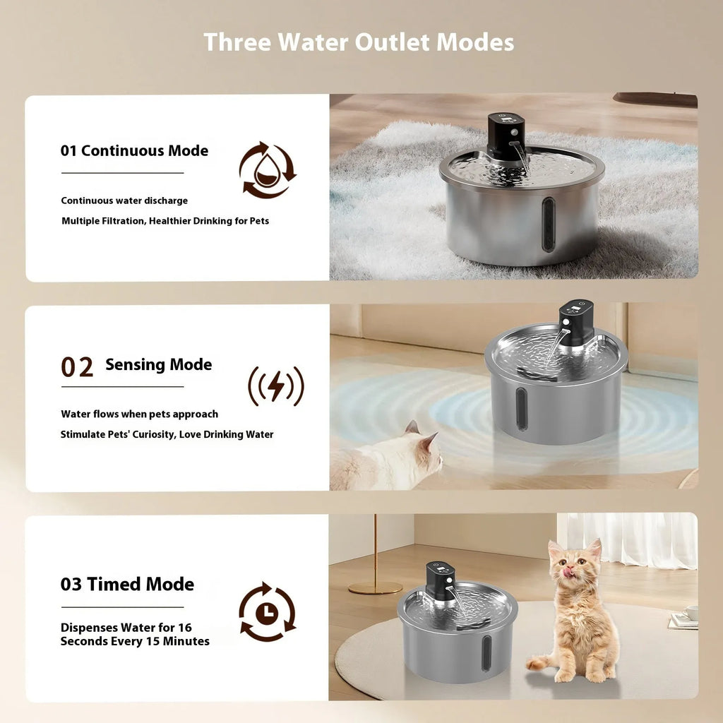 Stainless steel constant temperature pet water fountain in white on a nine-gear heating base.
