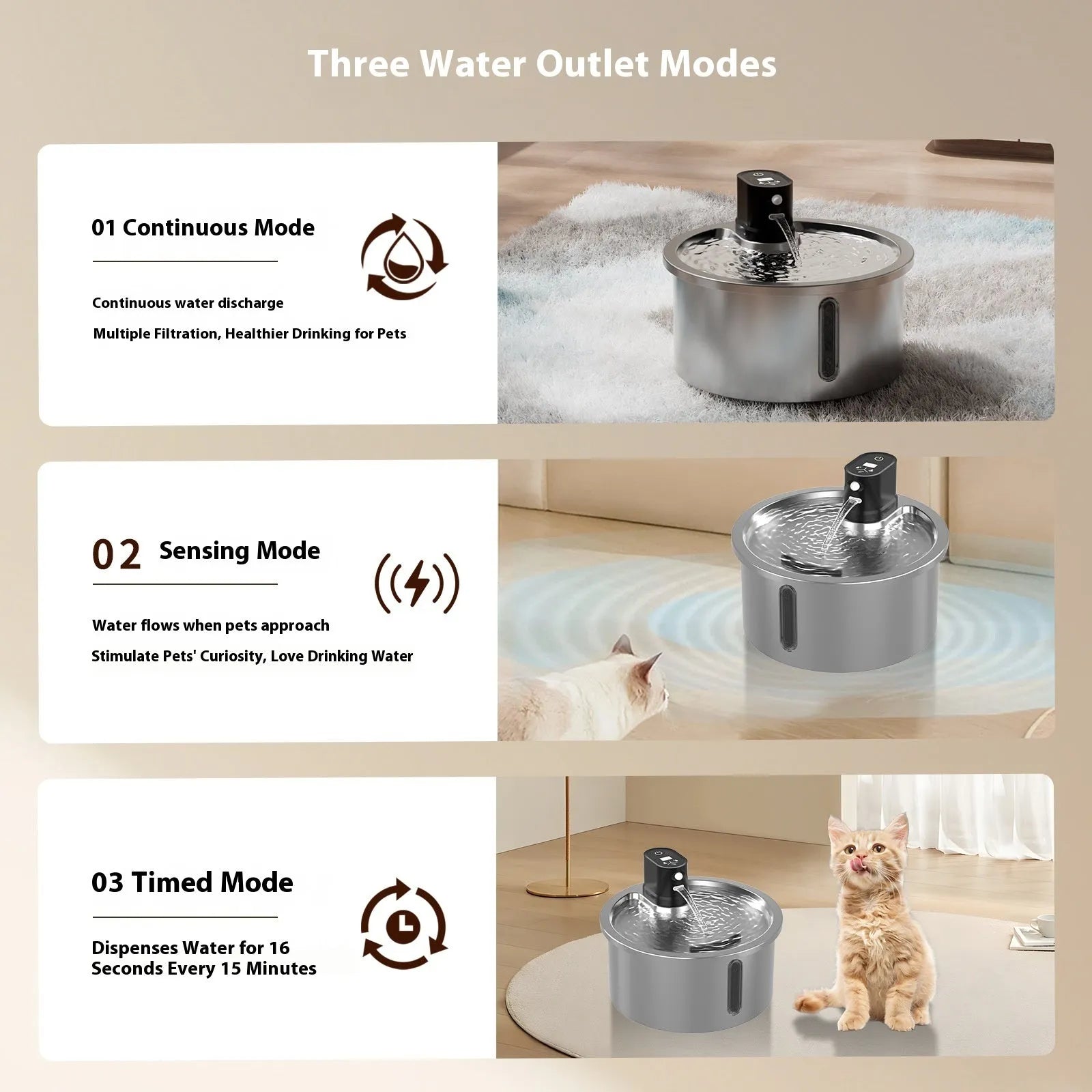 Stainless steel constant temperature pet water fountain in white on a nine-gear heating base.