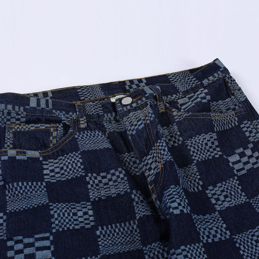 Fashion checkerboard jacquard jeans for men, straight loose fit cotton, black colour, size S to XL