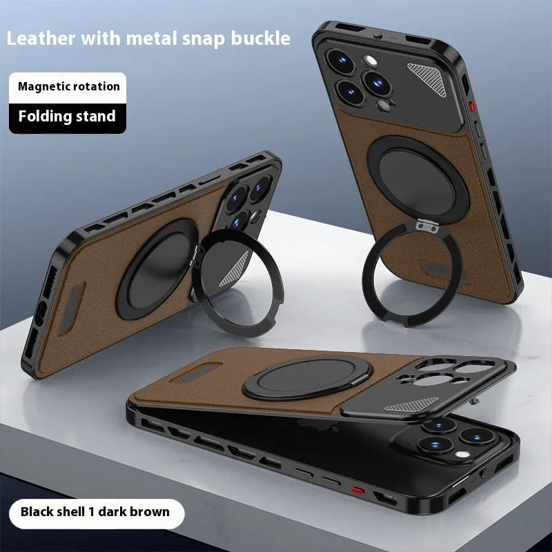 Aluminium alloy leather phone case with rotating bracket and magnetic suction in black, silver gray or brown