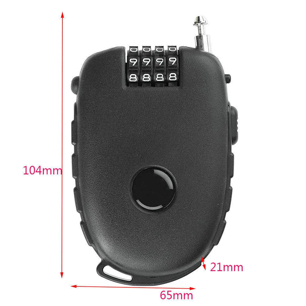 Retractable bicycle and motorcycle helmet lock with steel cable and ABS plastic housing in black cow style